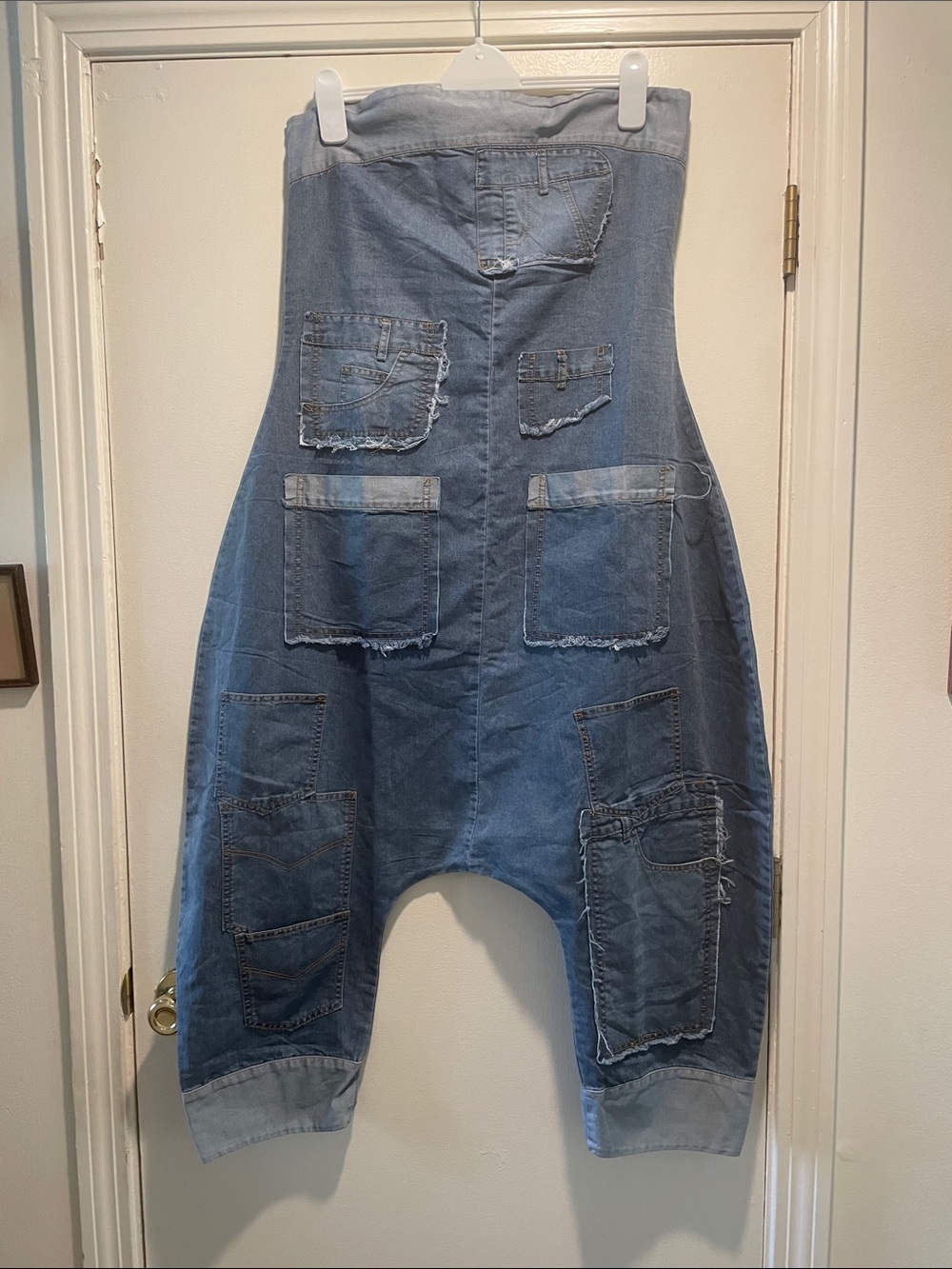 Athina NWT Urban Edgy Denim Patchwork Women’s Jeans Overalls Drop Crotch Romper
